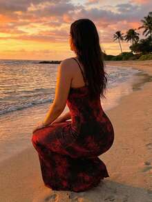 Veykashi 音乐节及度假休闲简约黑红扎染印花修身吊带长裙，适合夏季穿着 - 彩色 - 查看 5