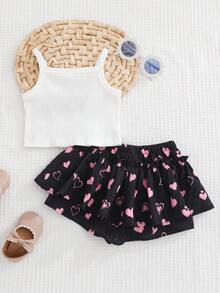 Cozy Pixies 女婴卡通猫咪爱心图案针织柔软吊带背心和松紧腰短裤两件套 - 彩色 - 查看 5