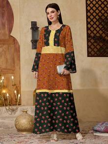 Al Najma 优雅撞色拼接碎花阿拉伯风格连衣裙 - 彩色 - 查看 6