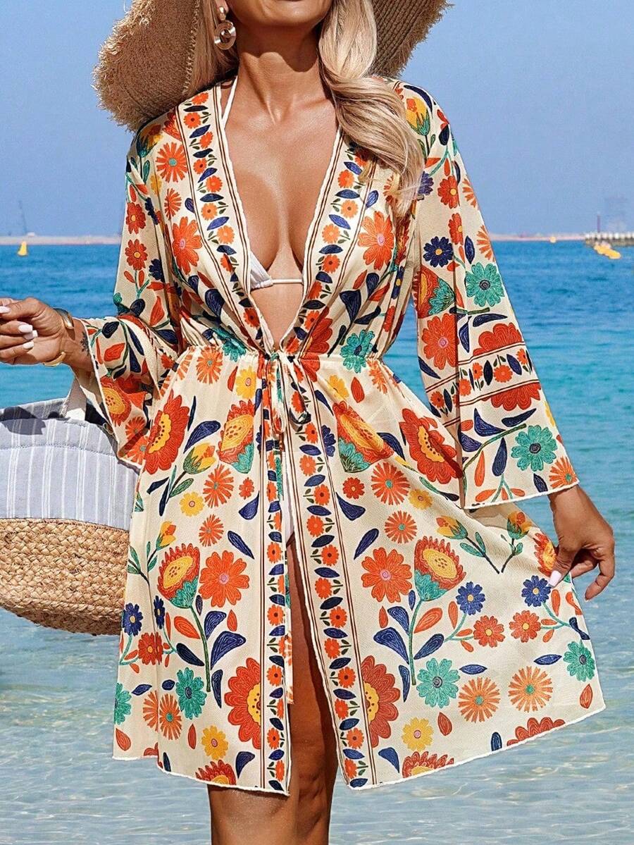 Swim Lushoire Kimono de verano para playa de estilo bohemio con estampado de malla, nudo delantero y cordón ajustable para vacaciones - Multicolor - Ver 1