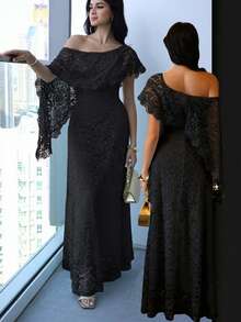 Modelyn Women's Elegant Asymmetrical Shoulder Long Dress For Party - Black - View 11