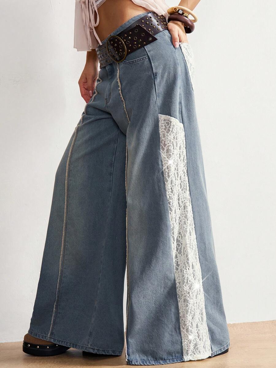 Bohemela Women's Casual Boho Solid Color Denim Contrast Lace Wide Leg Pants Vacation White And Blue Autumn - Blue - View 1