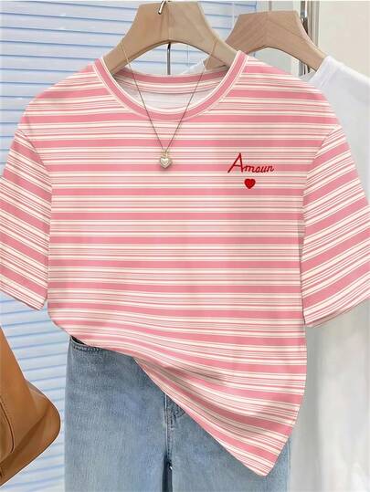 Resyla 条纹字母印花圆领短袖T恤，夏季