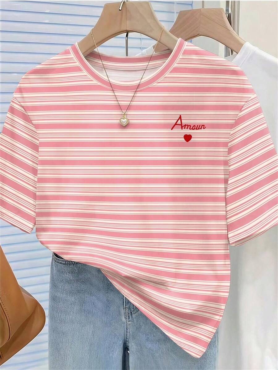Striped Letter Print Round Neck Short Sleeve T-Shirt, Summer - White - View 1