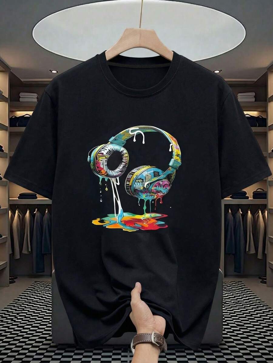 Manfinity Homme Men's Round Neck Headphone Print Casual Loungewear Short Sleeve Top - Black - View 1