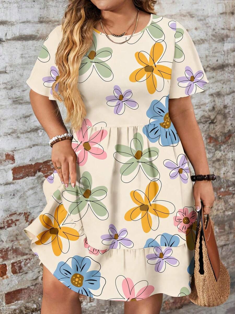 EMERY ROSE Casual Loose Fit Round Neck Short Sleeve Plus Size Dress, Suitable For Autumn/Winter - Multicolor - View 1