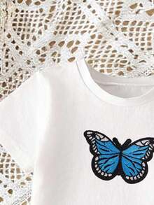 Fjärilstryckt kortärmad t-shirt och byxor för babyflicka, avslappnad outfit - Multifärgad - Visa 4