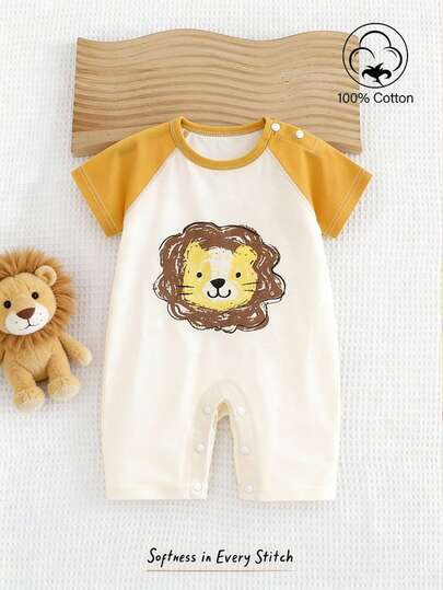 SHEIN Newborn Baby Boys' Romper, Summer Casual Cute Lion Print Short Sleeve Jumpsuit, 100% Soft Cotton, Fashionable New Style Vacation Outfit