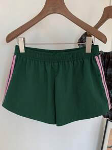Comfortcana Plus Size Women Retro Sports Style Casual Brown Contrast Stripe Shorts - Green - View 8