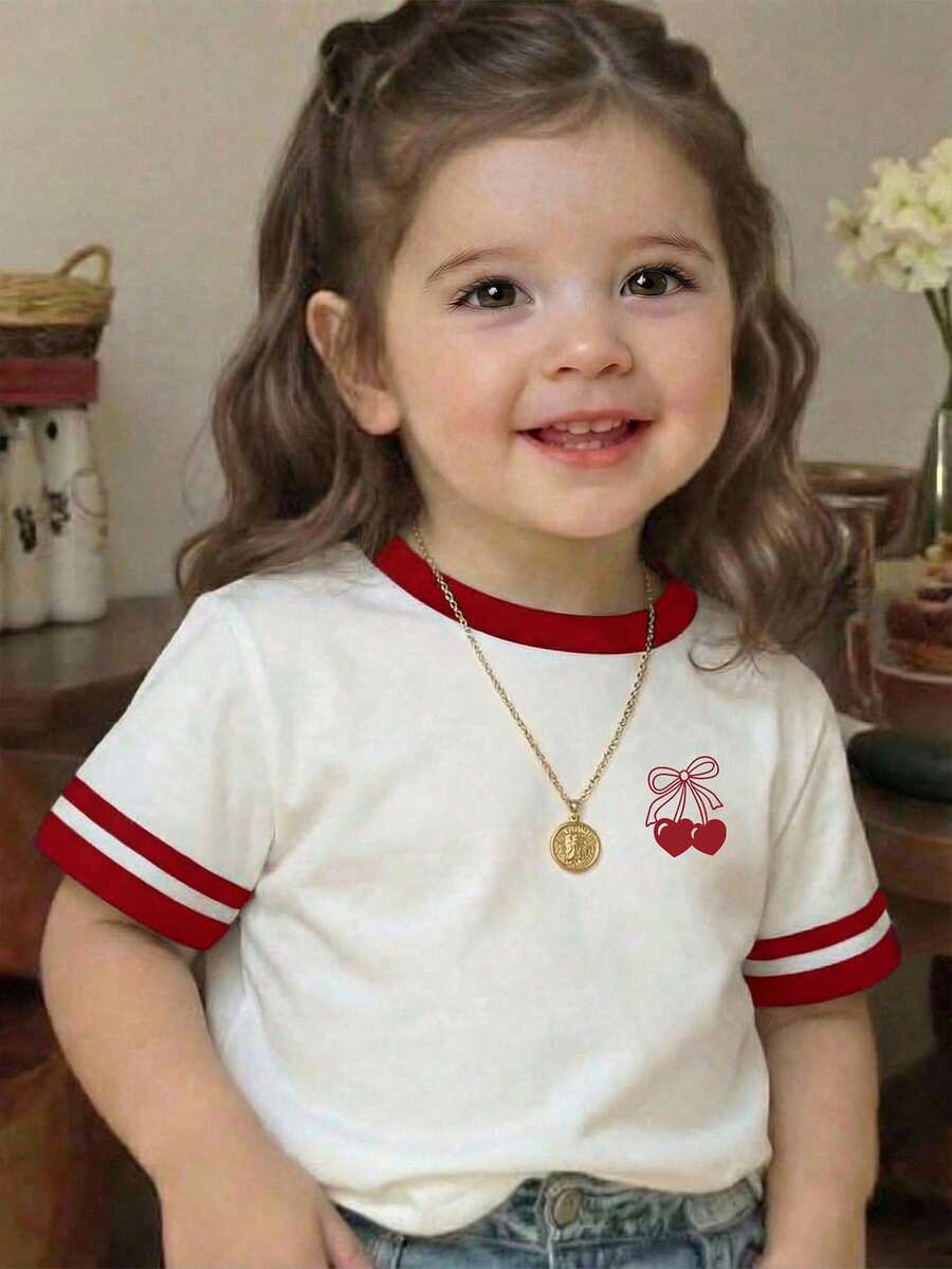 SHEIN Playful Pals 女婴樱桃蝴蝶结圆领短袖条纹T恤，婴幼儿服装，女童套头衫，女童T恤，婴幼儿上衣，适合春夏穿着，尺码6个月至3岁 - 紅白色 - 查看 1