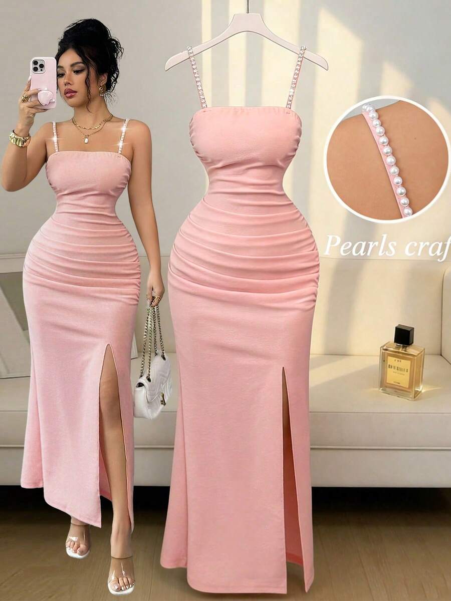 Elenzga Nuevo vestido elegante y sexy para mujeres con diseño de cuentas, tirantes finos, textura de punto y fruncido, con abertura, para citas y uso casual - Rosa - Ver 1
