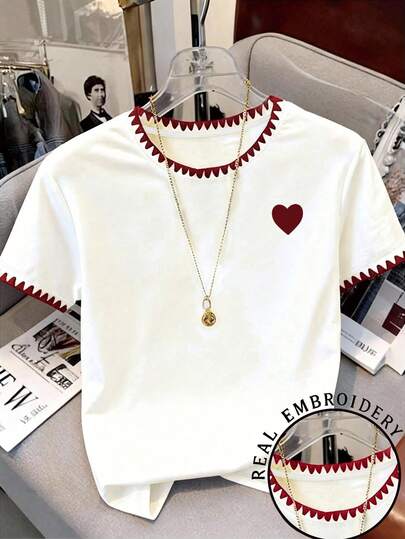 Tween Girls' Round Neck Heart Print Casual Versatile Daily Wear Short Sleeve T-Shirt