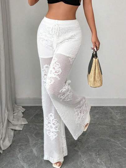 Elenzga Women's Spring/Summer New Elastic Waist Floral Hollow-Out Lining Fashion Elegant Lady Style Beach Pants With Drawstring Waist Knit Trousers