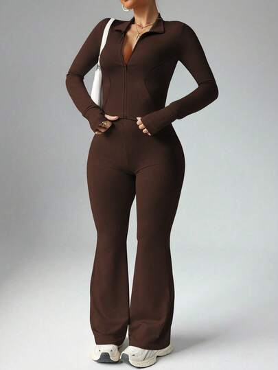 Slayform Women's Plus Size Casual Zip-Up Jacket With Thumb Hole And High Waist Flare Pants 2 Pieces Set Brown Yoga Set Brown Two Piece Set Brown Matching Set Brown 2 Piece Set Women Spandex Set Ribbed Two Piece Zipper Top Flare Pants Spandex Set Women Long Sleeve Top And Pants Set