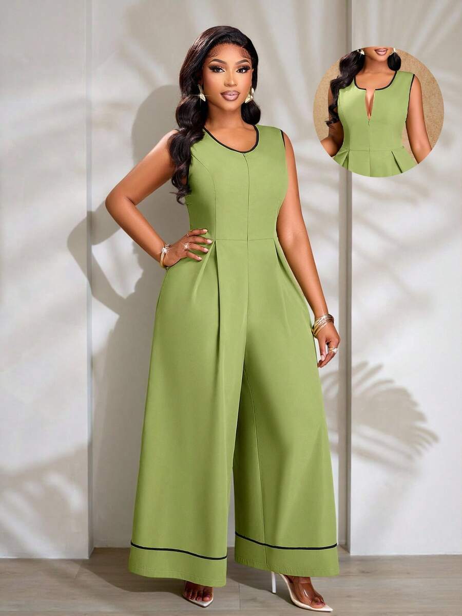 Brilight Phong cách thanh lịch dành cho nữ mùa Xuân/Hè, trang phục công sở đơn giản, phù hợp cho mùa tựu trường, Lễ Tạ ơn, hẹn hò, kỳ nghỉ, áo liền quần ống rộng không tay với khóa kéo phía trước, trang phục mùa hè. - màu xanh lá - Xem 1