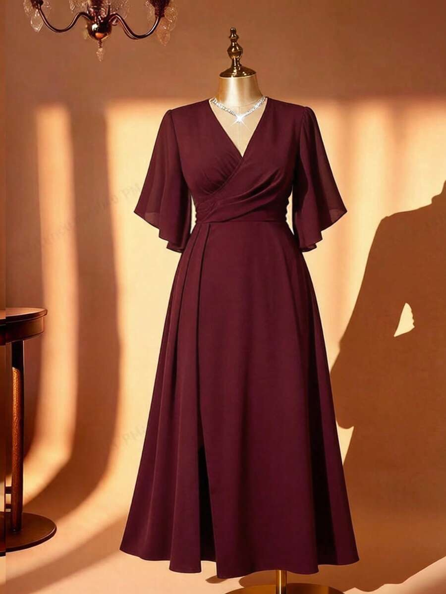 SHEIN Elenzya Đầm eo cao xếp ly bất đối xứng dành cho phụ nữ cỡ lớn - Màu đỏ tím - Xem 1
