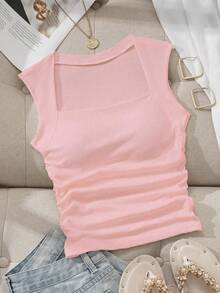 SHEIN EZwear Square Neck Ruched Bust Pad Bra-Free Camisole - Multicolor - View 3