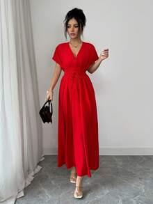 Elenzga New Spring/Summer Elegant Casual Beach Vacation Fashion V-Neck Pleated Drawstring Waist Dropped Shoulder Short Sleeve Flowy Midi Dress - Red - View 4