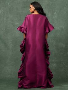 Vixey Boat Neck Off Shoulder Ruffle Detail Maxi Flowy Taffeta Dress - Red Violet - View 5