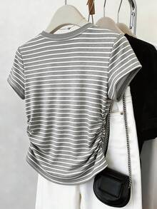 Resyla Striped Digital Print Casual Women's T-Shirt With Drawstring Waist, A Gift For Friends - Multicolor - View 2
