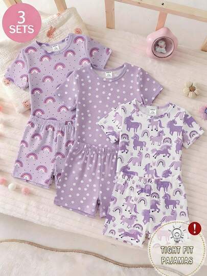 6pcs/3sets Baby Girls Cute & Fashionable Light Purple Polka Dot Matching White Unicorn & Purple Rainbow Print Round Neck Stretchy Knit Casual Short Sleeve Top And Shorts Pajama Set
