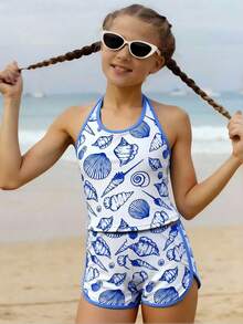 3件套少女贝壳印花挂脖泳衣、泳裤和短裤套装 - 藍白色 - 查看 1