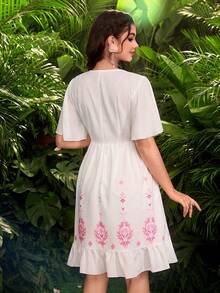 Modelyn Đầm nữ kiểu Pháp họa tiết hoa, cổ chữ V, viền bèo nhún, eo thắt, tay ngắn. - Hồng - Xem 3