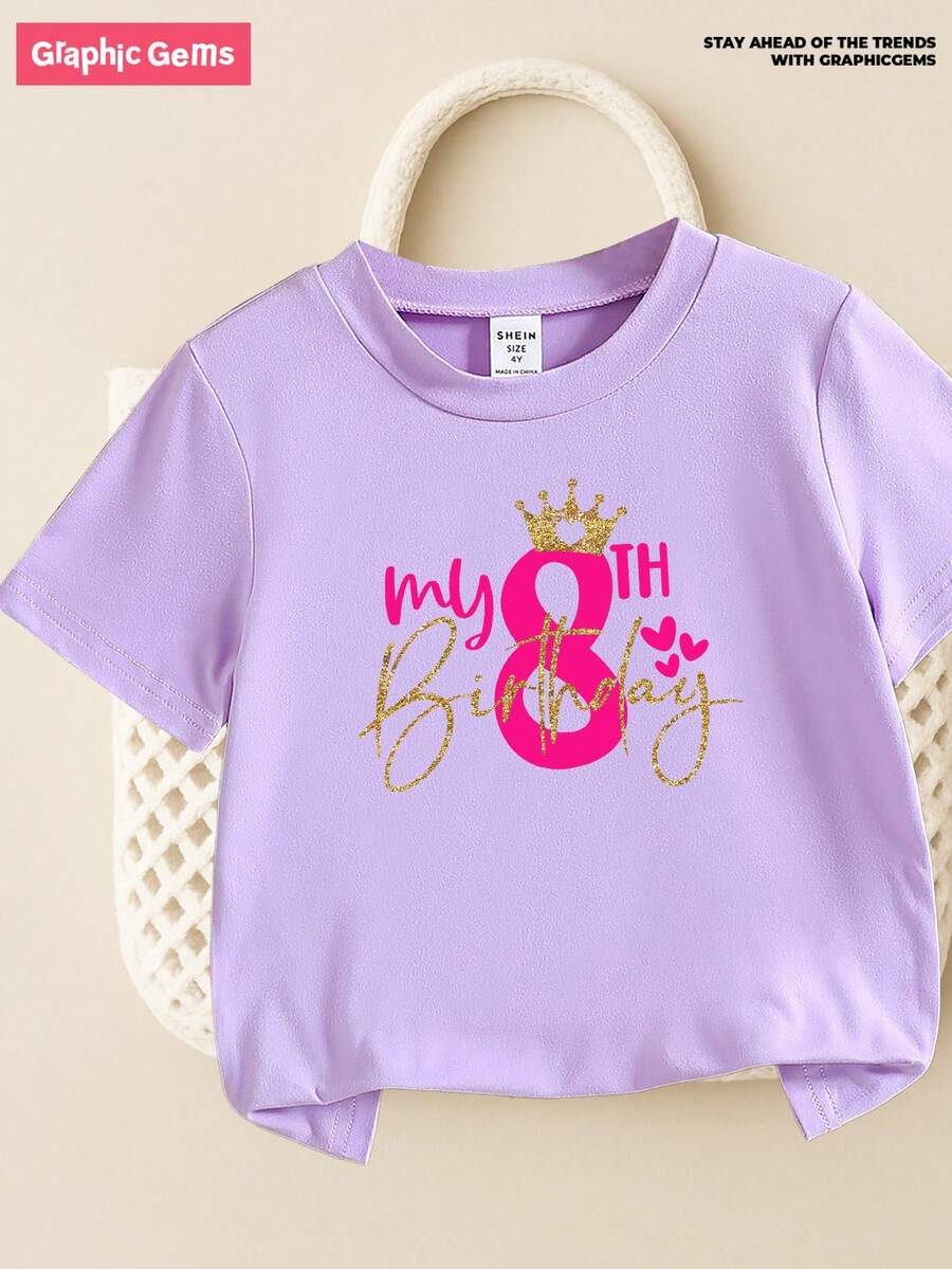 SHEIN GraphicGems Cute Girl's "My 8th Birthday" Sequin Crown & Heart Print T-Shirt,Lavender Summer Purple Birthday Party Round Neck Short Sleeve Top For Tween,Concert - Purple - View 1