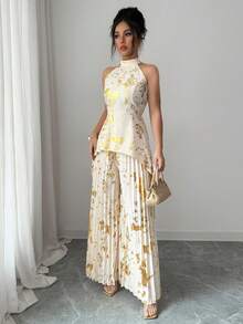 SHEIN Elenzya Spring And Summer New Style: A Non-Repeating, Irregular-Cut Off-Shoulder Top With A Beige Base And Gold Foil Embellishments, Paired With A High-Waisted Pleated Wide-Leg Pants. This Two-Piece Set Has An Extremely Strong Draping Effect. The Ink Wash Print And The Gold Foil Technique Give It A Glossy Finish And An Extremely High-End Look. The Pleated Pants Have A Crisp And Stylish Design, Are Not Prone To Wrinkling, And Have A Good Draping Effect. It Is Suitable For Formal Occasions Such As Dinners - Apricot - View 5
