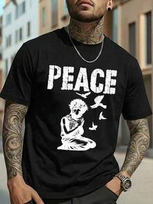 Manfinity Homme Men's Letter & Pigeon Print Crew Neck Short Sleeve Loungewear Top - Black - View 1