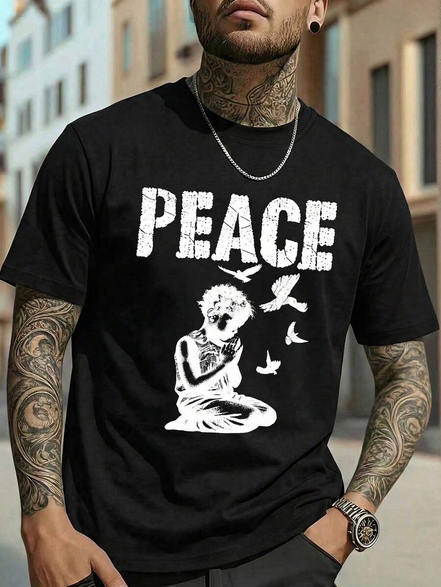 Manfinity Homme Men's Letter & Pigeon Print Crew Neck Short Sleeve Loungewear Top - Black - View 1