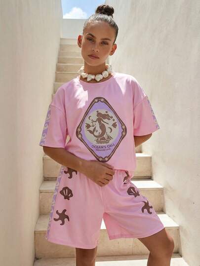 SHEIN Girls (Plus Size) T-Shirt Set, Girls Oversized Light Purple Short Sleeve T-Shirt And Loose Shorts, Ocean Element Print, Suitable For Beach Vacation, Casual Daily, Fashion Streetwear. Simple Commuter Style For Summer