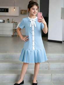 SHEIN 1件装少女夏季新款撞色领短袖褶皱设计蝴蝶结装饰简约甜美学院风连衣裙 - 藍色 - 查看 7