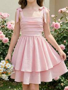 SHEIN Soft Pink,Summmer,Modest,Picnic Tween Girls Elegant Spaghetti Strap Bowknot Ruched Waist A-Line Layered Textured Dress For Tea Party Easter Vacation - Pink - View 6