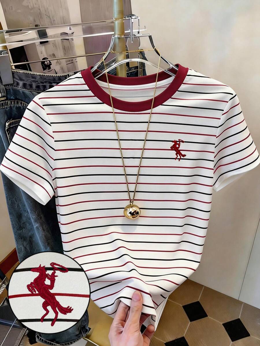 Resyla Kaos Wanita Lengan Pendek Kerah Bulat Bergaya Minimalis dengan Motif Garis-Garis Warna-warni Digital Print dan Bordir, Hadiah untuk Teman - MultiWarna - View 1