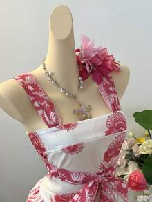 SuriyaCove Áo hai dây in họa tiết hở lưng, thích hợp cho kỳ nghỉ, dành cho nữ. - Hồng - Xem 1