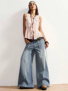 Bohemela Women's Casual Boho Solid Color Denim Contrast Lace Wide Leg Pants Vacation White And Blue Autumn - Blue - View 4