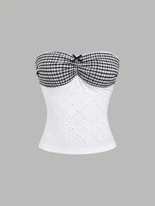 Sweetra Women's New Fashion Versatile Plaid Patchwork Hollow Out Jacquard Camisole Top - White - View 3