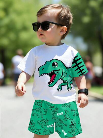 1 Set Bebé Niños Lindo Diseño de Empalme con Estampado de Dinosaurio Verde Cuello Redondo Camiseta de Manga Corta y Pantalones Cortos a Juego con Estampado de Dinosaurio y Letras, Conjunto de Verano