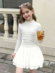 Camiseta básica de punto de unicolor con cuello fruncido para niña preadolescente, excelente para uso casual, diario y escolar en otoño e invierno - Blanco - Ver 7