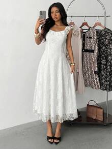 少女休闲优雅针织蕾丝荷叶边腰连衣裙，白色雪纺连衣裙，法式仙女裙，适合情人节、婚礼季等场合，蕾丝连衣裙 - 白色 - 查看 8