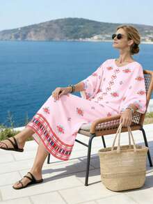 SHEIN Najma Áo choàng dài tay cánh dơi cổ chữ V phối họa tiết vỏ sò in kỹ thuật số, kiểu dáng rộng rãi cho nữ, họa tiết hoa lá, thích hợp cho mùa xuân/hè. - Nhiều màu - Xem 3