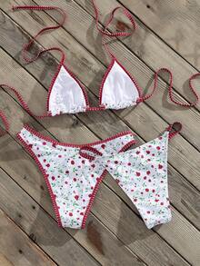 SHEIN Swim Women's Red Rose & White Floral Halter Neck 3-Piece Swimwear Set,Triangle Bikini Sets For Summer,Tropical Beach,Vacation,Holiday,Ditsy Floral - Multicolor - View 2