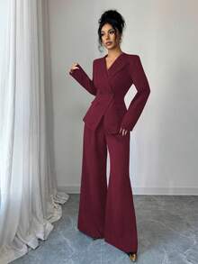 SHEIN Elenzya Bộ vest công sở thanh lịch màu trơn gồm áo khoác hai hàng cúc và quần ống rộng. - Màu Đỏ Sâu - Xem 4