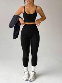 Rhythm Era Plus Size Black Seamless Camisole Long Sleeve Top And Pants Sports Suit Curve Leggings Women's Gym Wear Black Workout Set Athleisure For Women Gym Outfit For Women Women's Workout Set Black Activewear Set - Black - View 7