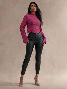 SHEIN Allurite 女士优雅高领水溶性花卉图案薄纱衬衫 - 玫紅色 - 查看 3