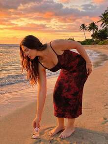 Veykashi 音乐节及度假休闲简约黑红扎染印花修身吊带长裙，适合夏季穿着 - 彩色 - 查看 3