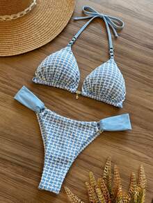 Swim Mod New Arrival Elegant Boho Women's Light Blue Geometric Textured Triangle Bikini Set, Sexy, Cute And Playful Y2K Spice Hot Girl Styleswimsuit With Golden Star Charm Detail, Halter Neck Tie, Side Bandage Bottoms, High Cut Cheeky Fit,Tanning Suit, Retro Swimwear, Summer Pool Party Beach Outfit, For Summer Beach Vacation, Music Festival, Tropical Coastal Brunch Outings, Seaside Pool Parties, Coastal Island Vacay&Mod Vibes - Blue and White - View 3
