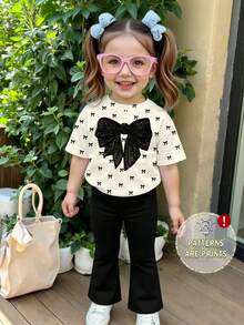 春夏两件套：休闲蝴蝶印花短款T恤搭配舒适打底裤，适合女宝宝，春、夏、秋季日常穿着。 - 彩色 - 查看 3