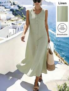 SHEIN Franclia Button Pocket Dress For Women - Green - View 1